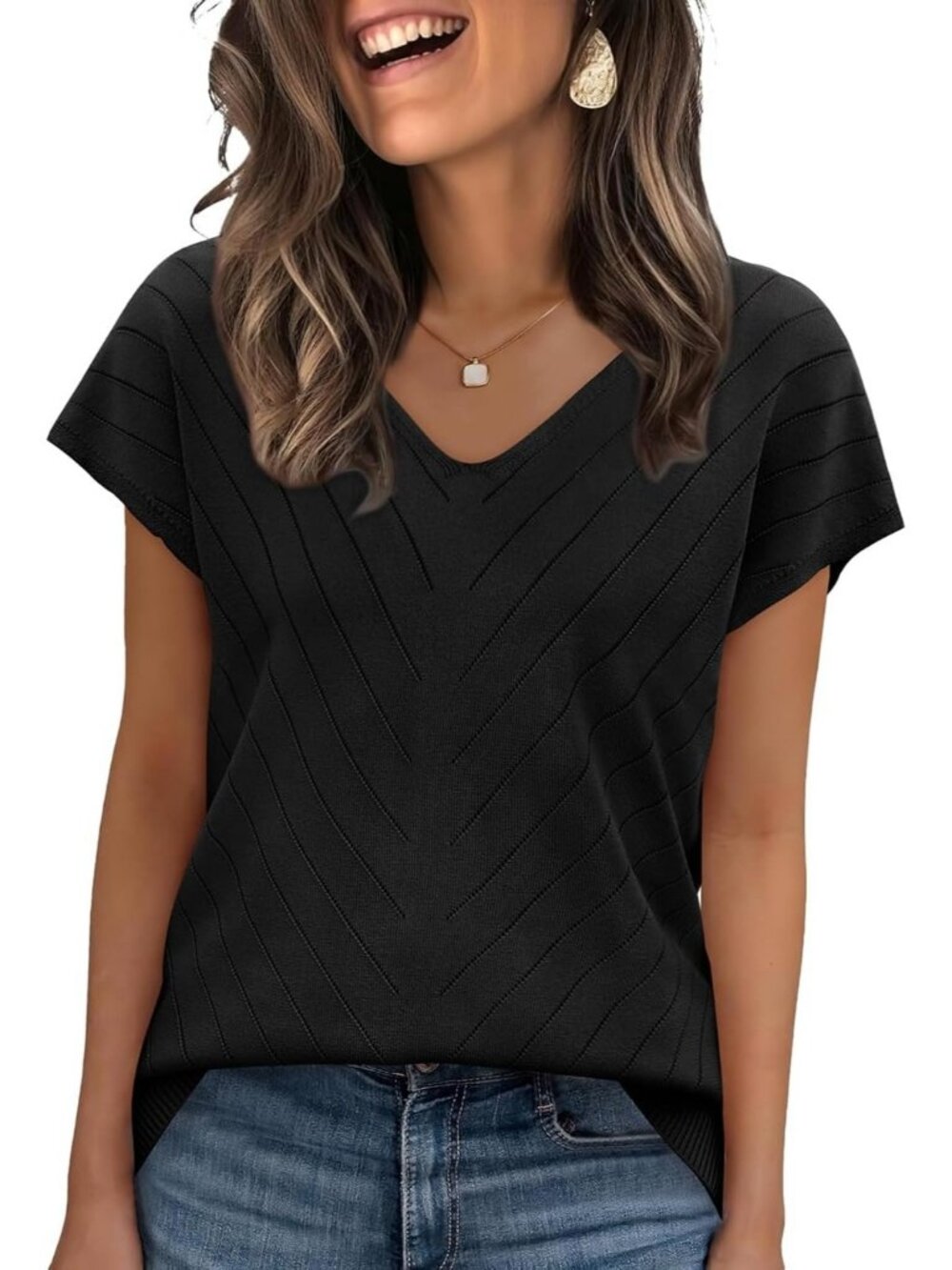 Women's Black Trendy Summer Tops Sweater Pullover V-Neck Pull On Short Sleeve